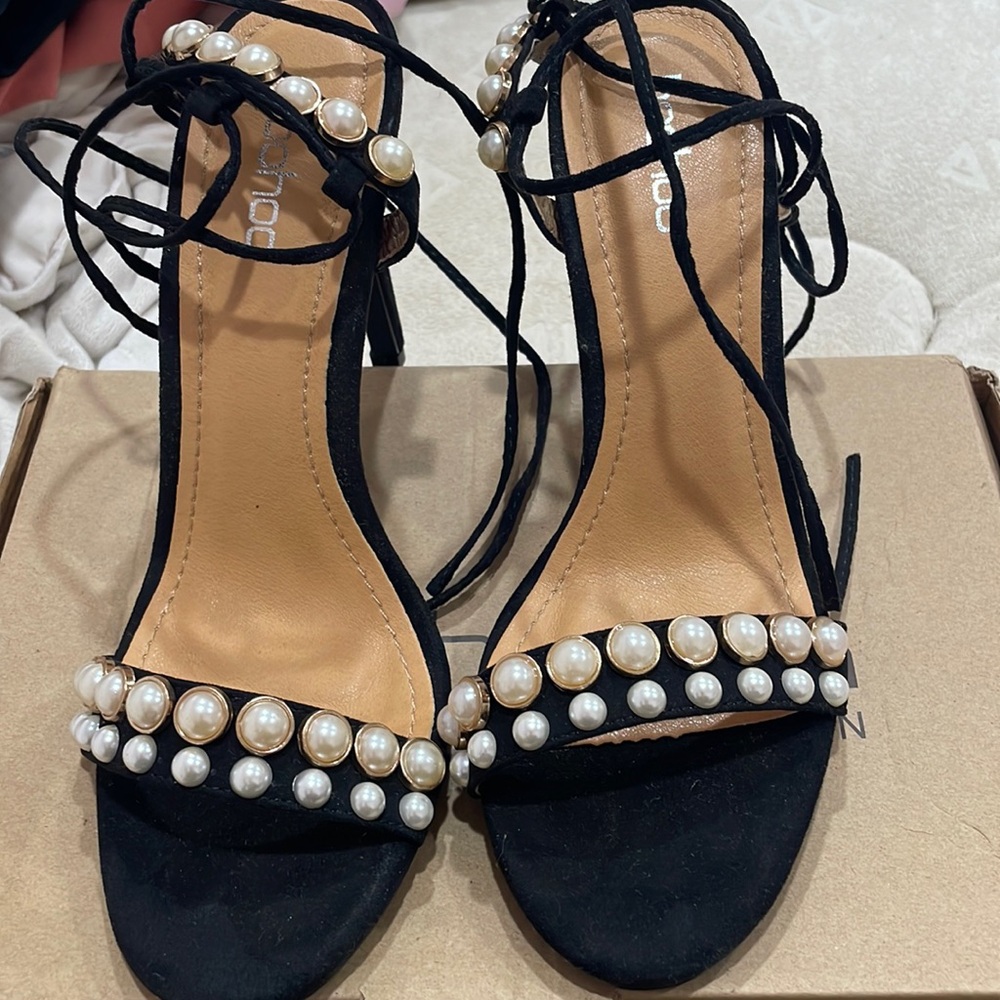 Brand new black suede with pearls boohoo heels
